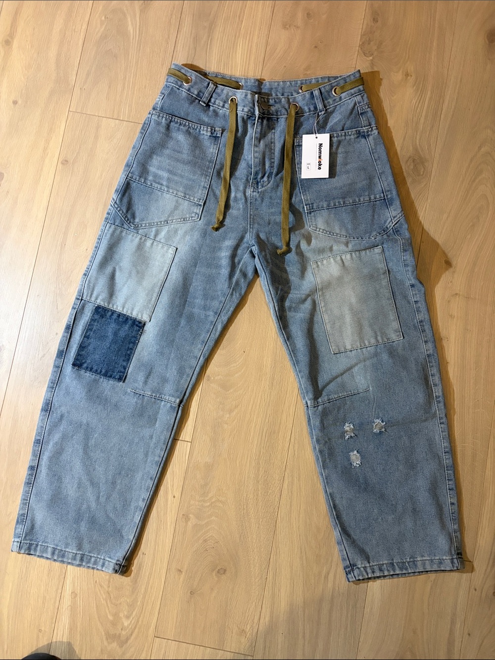 Light Blue Patchwork barrel leg Woman’s Jeans with Drawstring Waist